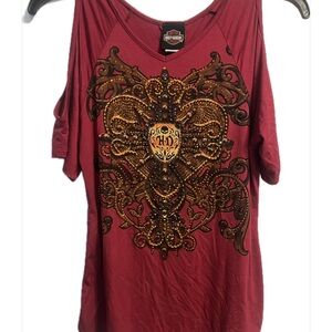 Harley Davidson Women's red cold shoulder top Size S